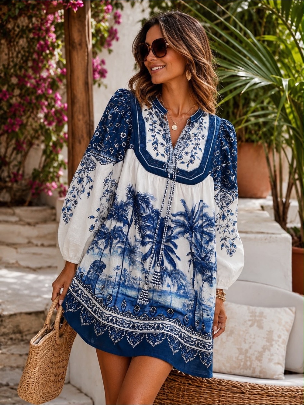 FARM Rio White and Navy Palm-Print Tunic Coverup